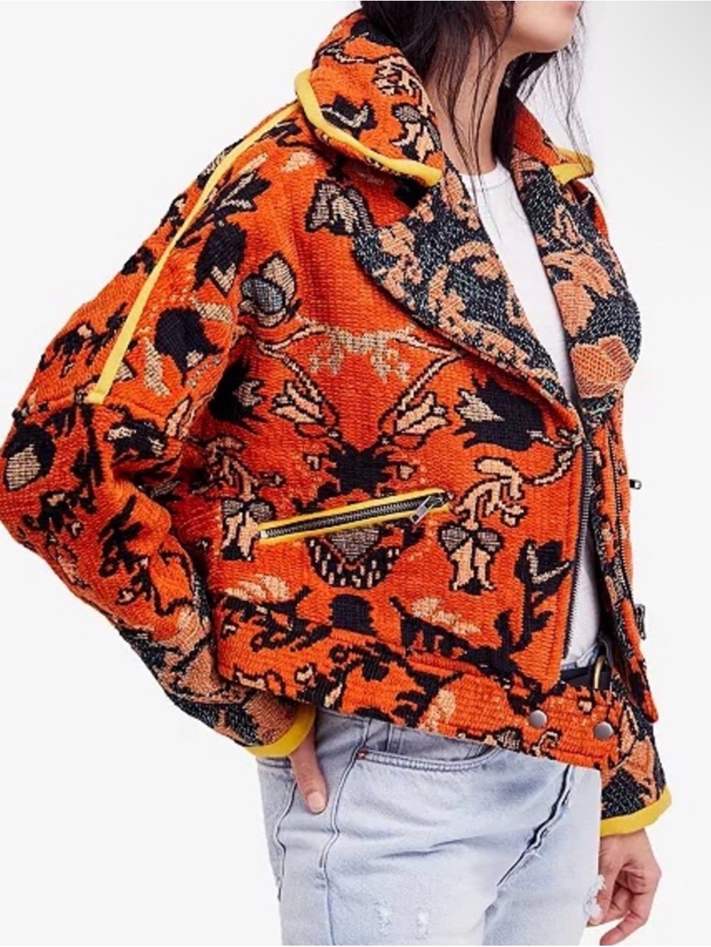 Free People Orange Black Mosaic Tapestry jacket